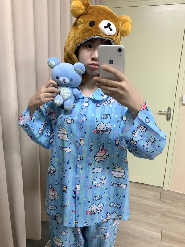 Cocoa King Country Calpis Soda Flavored Blue Striped Autumn Pajamas Crepe Sleeve Pants Set