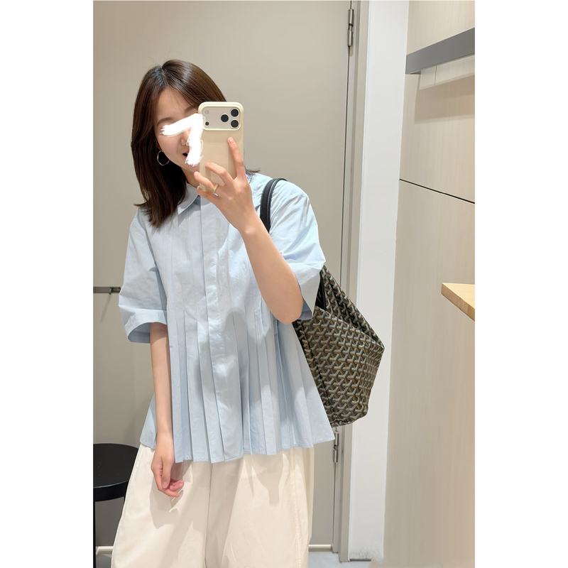 Tailaihuo Standard Fit Blue Pleated Women's Lapel Short Sleeve Shirt Summer New Arrival