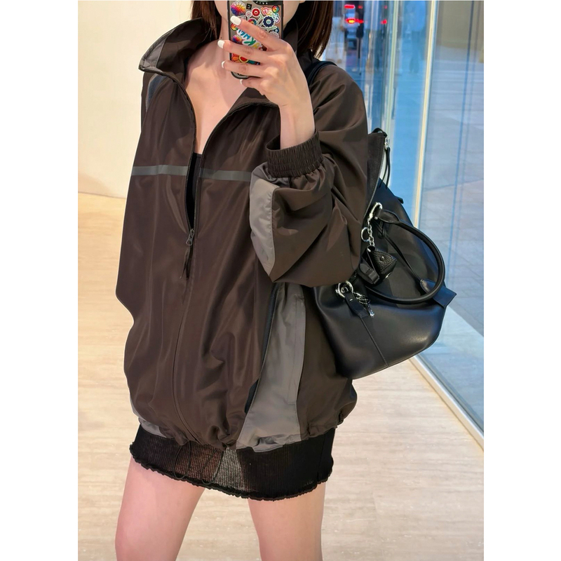 Imported Material American-Style Color-Blocked Stand-Up Collar Jacket, Vintage Sporty Relaxed Fit Jacket Imported Material American-Style Color-Blocked Stand-Up Collar Jacket, Vintage Sporty Relaxed Fit Jacket