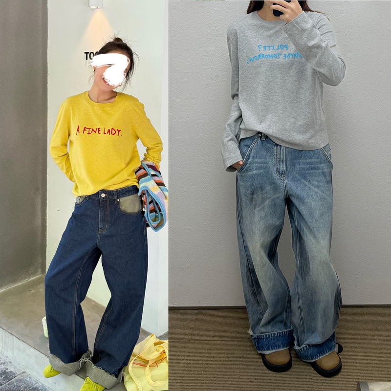 Yu Chun Style Cotton and Ramie Color-Blocked Thick Velvet Printed Slogan Long-Sleeve Base Shirt