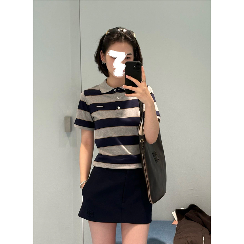 An Ye's Three-Quarter Length Striped Jersey Knit Polo Shirt Short-Sleeve Knit Top, Super Age-Reducing Top