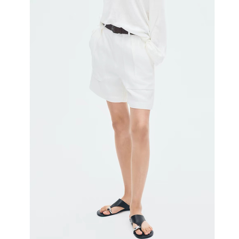 Lined Summer New Linen Workwear Bermuda Shorts Without Belt