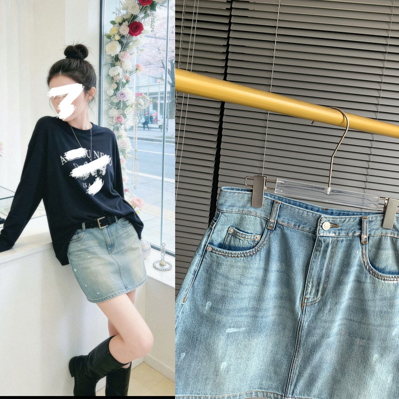 An Ye's Three-Point Zone/Spring and Summer New Style Handmade Silver-Brushed Denim Short Skirt Without Lining