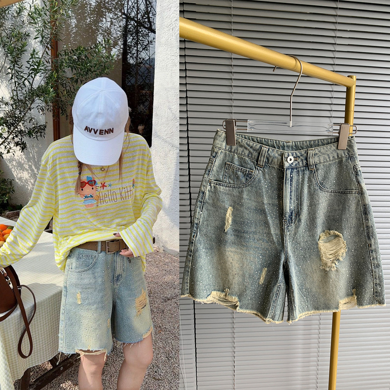 Starlight Street |   Ripped and Embellished Denim Shorts for Women, Vintage Washed Fashion Women's Denim Shorts for Summer.