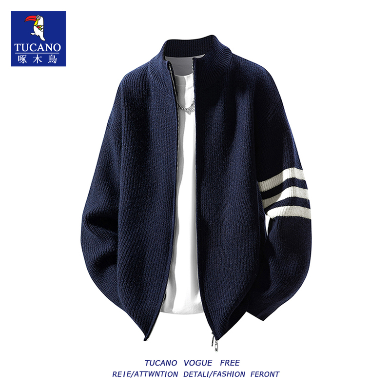 Woodpecker Striped Double-Zip Stand Collar Cardigan Sweater for Men, Spring and Autumn, Loose Casual Lazy Style Knitwear Jacket