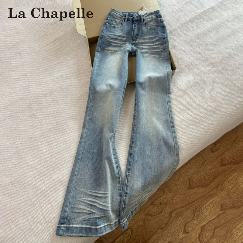 La Chapelle American-Style Low-Waist Flared Jeans for Women, Spring and Summer Thin Washed Whiskered High-Waist Floor-Length Bell-Bottom Pants