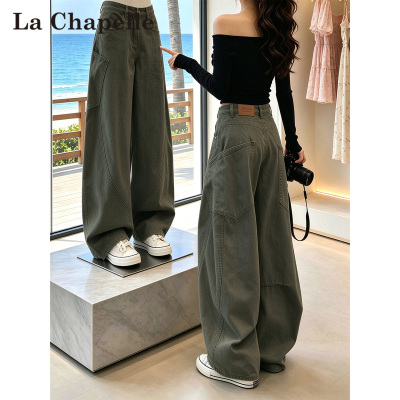 La Chapelle American-Style Military Green Wide-Leg Cargo Jeans for Women, 2026 Autumn New Cool and Stylish Winter Scimitar Pants