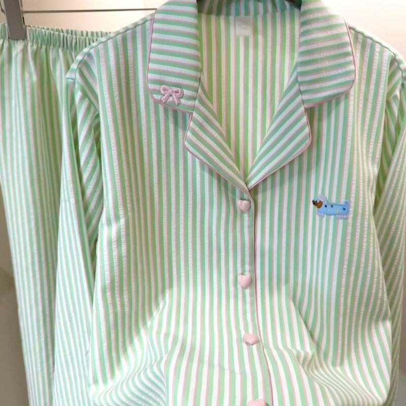 Korean Uamtor Green Striped Dachshund Cardigan Pajamas for Women, 2026 Autumn New Home Wear Set