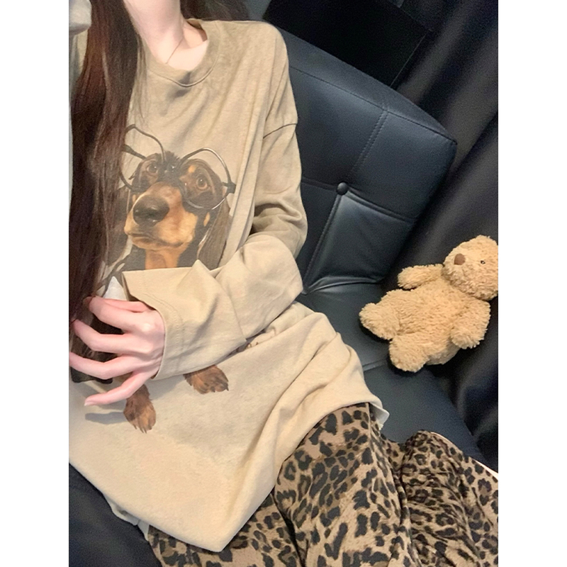 "Uamtor" Maillard Style Puppy Print Long-Sleeved Pajamas for Women, Autumn Leopard Print Casual Home Wear Set