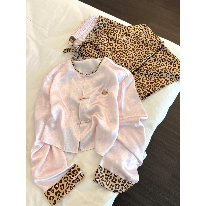 Korean Uamtor Pajamas for Women, Spring and Summer New Style, New Chinese Style Leopard Print Ice Silk Satin Long-Sleeved Long Pants Home Wear Set Korean Uamtor Pajamas for Women, Spring and Summer New Style, New Chinese Style Leopard Print Ice Silk Satin Long-Sleeved Long Pants Home Wear Set