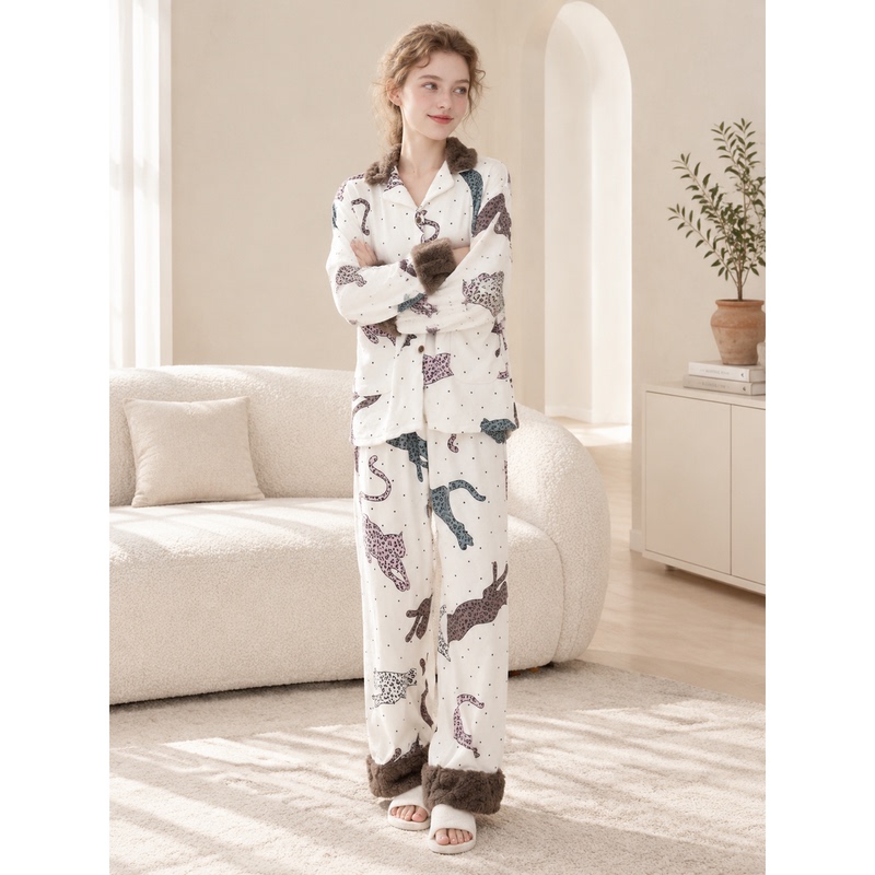 【Half-Sheepskin】Island Velvet Cheetah Print Plush Lapel Two-Piece Set H2668