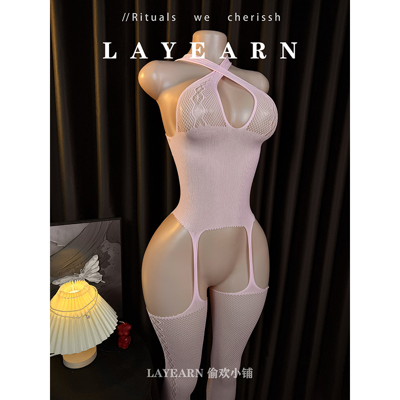 Layearn【Natural Beauty】 Sexy No-Take-Off Crotchless Hollow-Out One-Piece Fishnet Stockings See-Through Tear-Off Lingerie