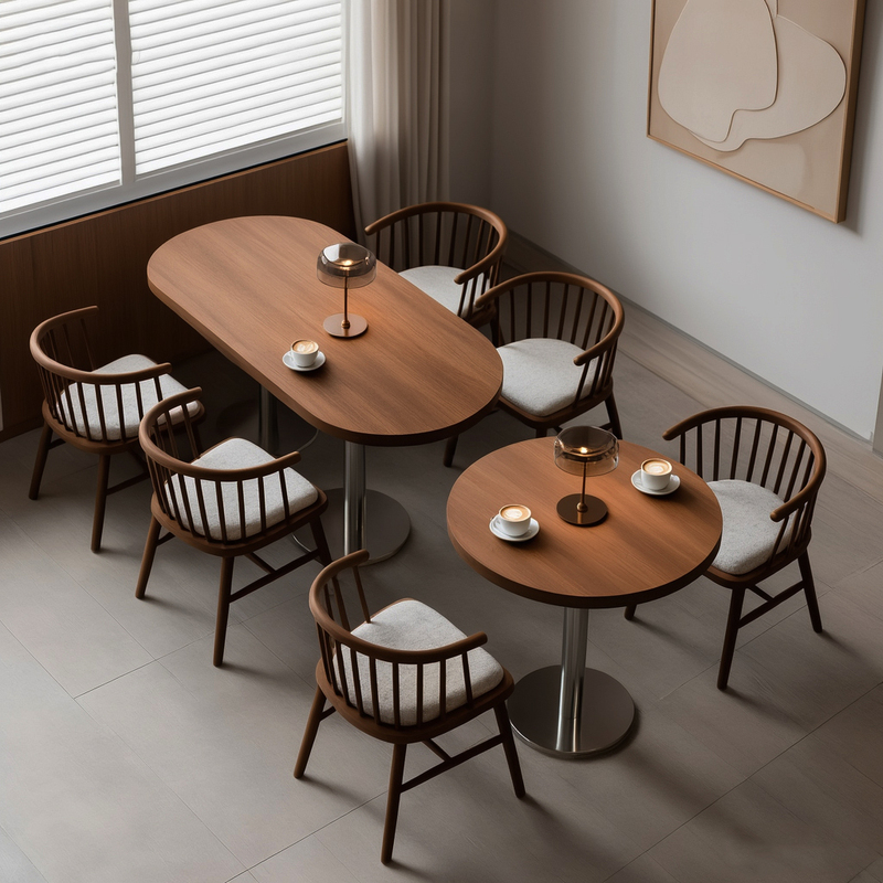 Oval Tables and Chairs Stainless Steel Solid Wood Natural Wood Cafe Dining Barbecue Hot Pot Milk Tea Shop Table and Chair Set Oval Tables and Chairs Stainless Steel Solid Wood Natural Wood Cafe Dining Barbecue Hot Pot Milk Tea Shop Table and Chair Set