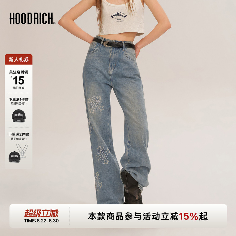 Hoodrich Cross Letter Embroidery Washed Jeans Spring and Summer Straight Low-Waist Slim Casual Pants for Women