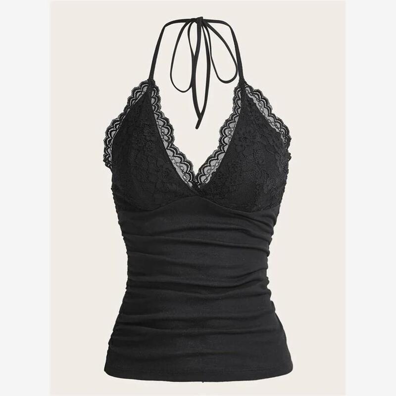 Goth Grunge Punk Black Lace Patchwork Halter Top Women Summe