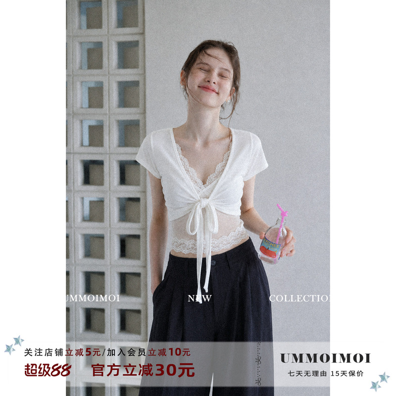 Ummoi Korean Style Sexy Lace Patchwork V-Neck Short-Sleeved T-Shirt for Women, Summer Sexy Lace-Up Slim-Fitting Top Two-Piece Set Ummoi Korean Style Sexy Lace Patchwork V-Neck Short-Sleeved T-Shirt for Women, Summer Sexy Lace-Up Slim-Fitting Top Two-Piece Set