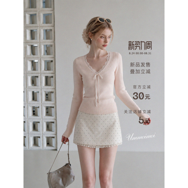 Ummoimoi Pink Sweet Lace Trim V-Neck Long-Sleeved Knitwear Women's Early Autumn Bow-Tie Slim-Fitting Top Ummoimoi Pink Sweet Lace Trim V-Neck Long-Sleeved Knitwear Women's Early Autumn Bow-Tie Slim-Fitting Top