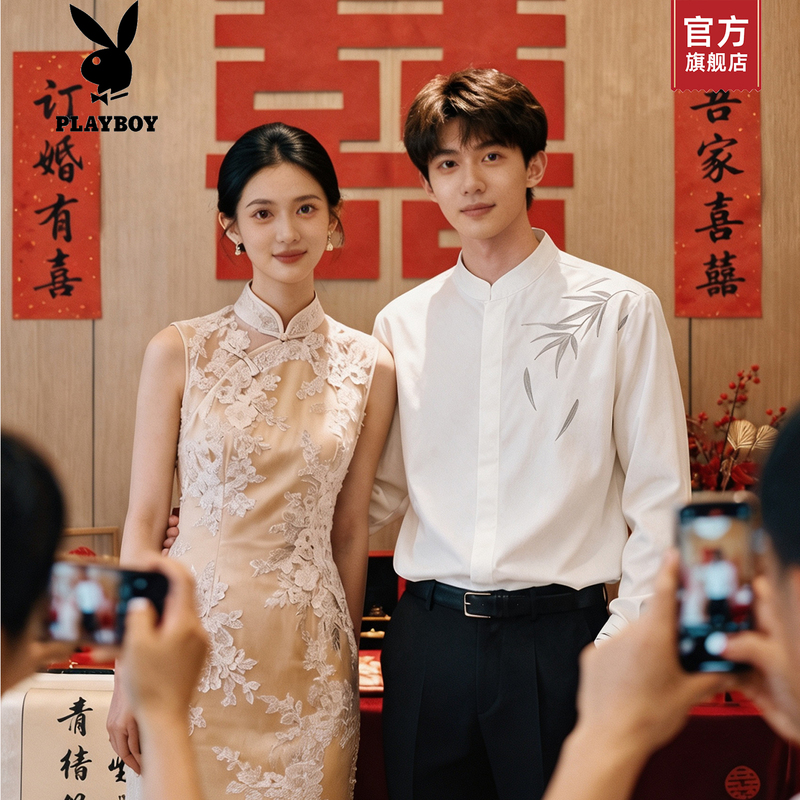 Playboy Chinese Style Shirt for Men, Autumn New Chinese Style Groom Wedding Engagement Party Retro Casual Long-Sleeve Shirt K