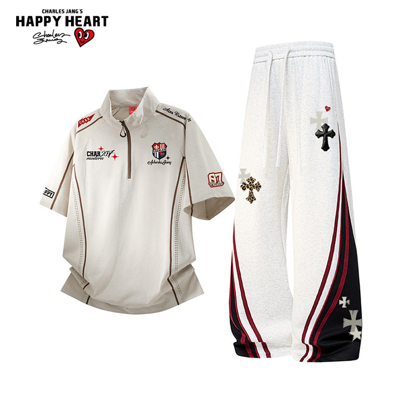 Charles Heart Childlike Badge Graffiti Casual Short Sleeve Set Unisex Summer Thin Cross Sports Two-Piece Set Charles Heart Childlike Badge Graffiti Casual Short Sleeve Set Unisex Summer Thin Cross Sports Two-Piece Set