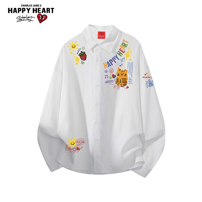 Charles Heart Japanese-Style Fun Print Long-Sleeve Shirt for Men and Women, Summer Thin Breathable Casual Sun-Protection Shirt