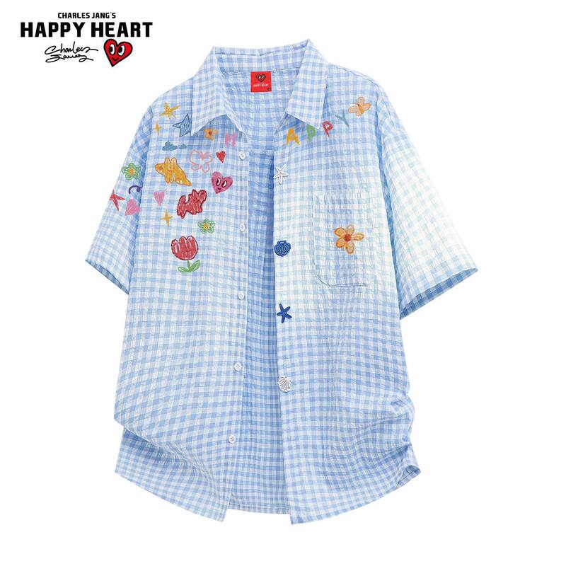 Charles Heart-Shaped Childlike Graffiti Floral Polo Shirt Short Sleeve Shirt Unisex Summer Breathable Loose Plaid Top Charles Heart-Shaped Childlike Graffiti Floral Polo Shirt Short Sleeve Shirt Unisex Summer Breathable Loose Plaid Top