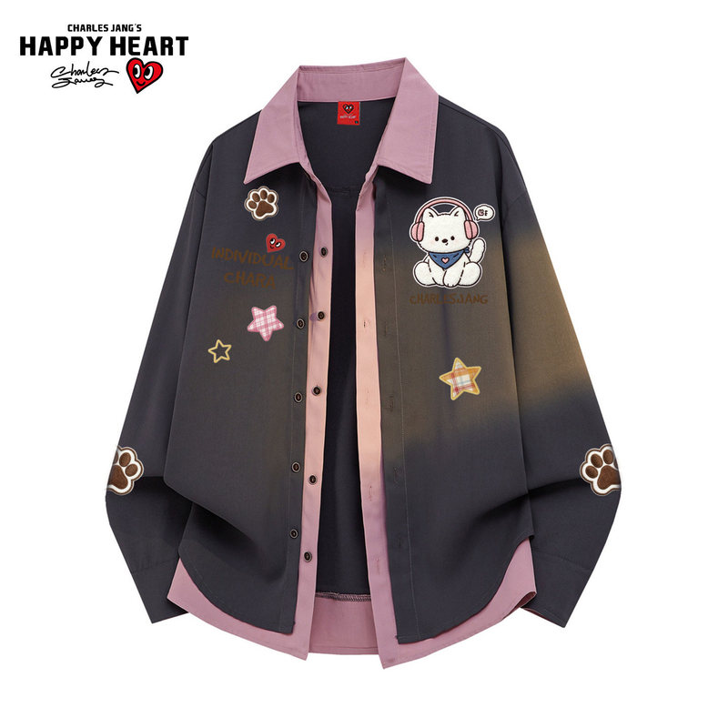 Charles Heart Fake Two-Piece Color-Block Lapel Long-Sleeve Shirt Unisex Autumn Cartoon Fun Print Casual Shirt