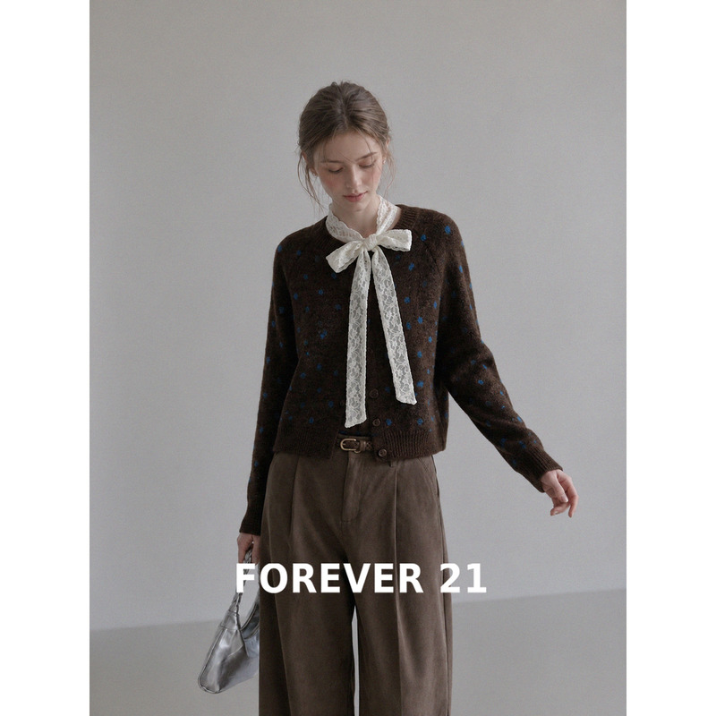 Forever21 Coffee-Colored Melard Polka Dot Sweater Knit Cardigan Autumn Coat Top Layered Long-Sleeve Two-Piece Set Forever21 Coffee-Colored Melard Polka Dot Sweater Knit Cardigan Autumn Coat Top Layered Long-Sleeve Two-Piece Set