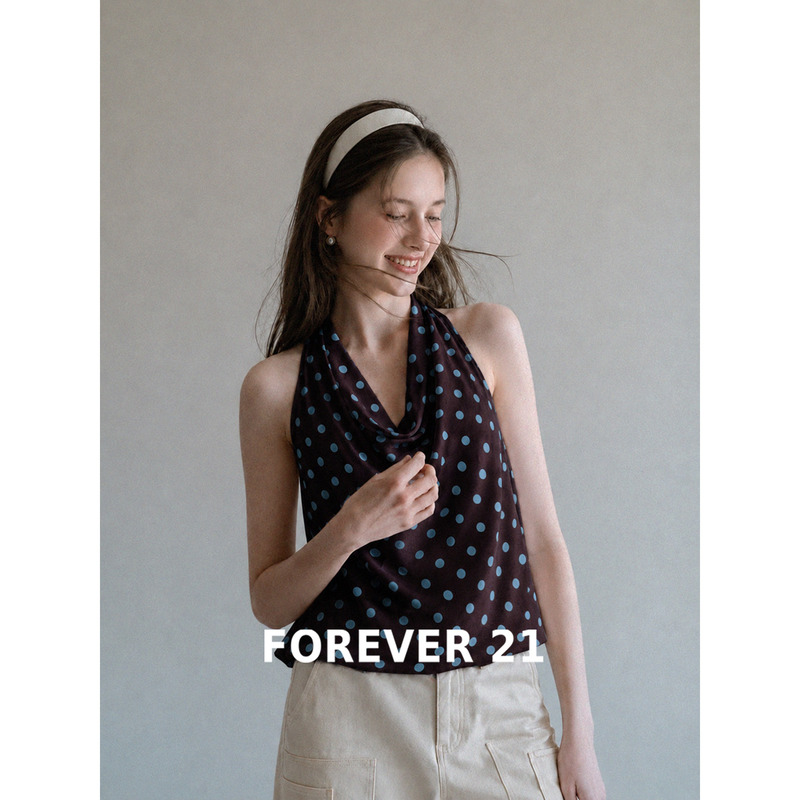 Forever21 Coffee-Colored Polka Dot Halter Neck Backless Camisole Women's Summer Sleeveless Outerwear Top Forever21 Coffee-Colored Polka Dot Halter Neck Backless Camisole Women's Summer Sleeveless Outerwear Top