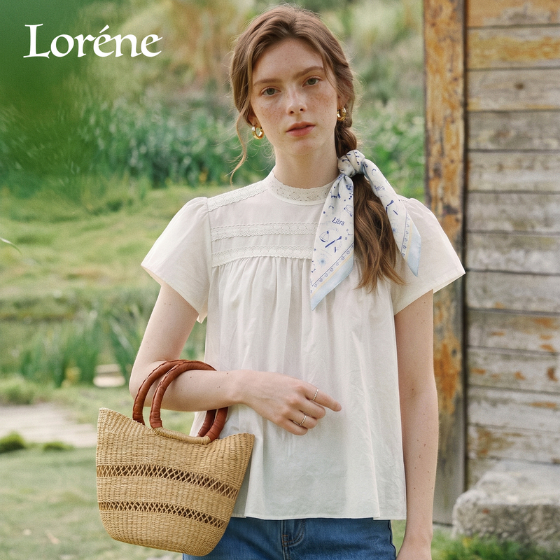 Lorene Lace-Trimmed Short-Sleeve Puff Sleeve Ruched Neckline Back Button-Up Ruched Top Women's Summer Wear