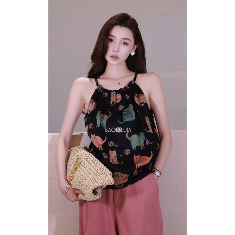 Baorujia Bg67526204 Mulberry Silk Hand-Painted Style Playful Kitten Print Halter Top