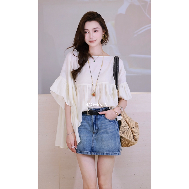 Bao'Erjia Bk335826205 Summer Style Ruffled Puff Sleeve Top with a Lively and Elegant Layered Look