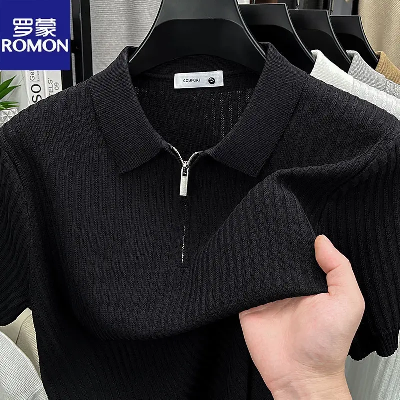 Romon Men's Old Money Style Summer Short-Sleeve Cool Ice Silk Texture Zipper Lapel Polo Shirt Casual Solid Color T-Shirt Romon Men's Old Money Style Summer Short-Sleeve Cool Ice Silk Texture Zipper Lapel Polo Shirt Casual Solid Color T-Shirt