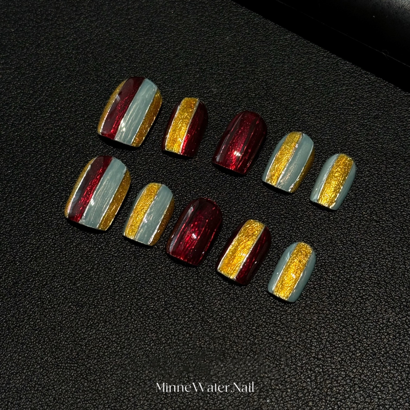 Minnewater Wearable Nails [Medieval Gilded] Short Square Retro Old Money Color Block Niche High-End Striped Temperament