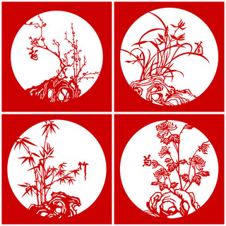 Plum orchid, bamboo and chrysanthemum paper-cut f pattern printing manuscript high-definition pure hand-engraved paper material black and white pattern chinese wind window