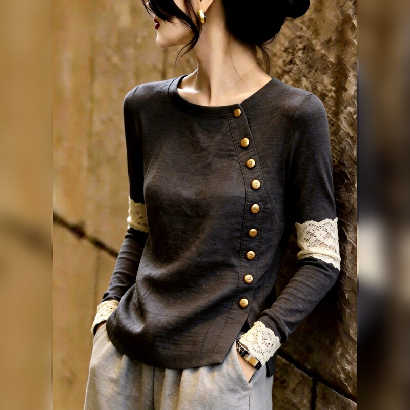 Dark Gray Long-Sleeved Shirt for Women, Single-Breasted Lace Splicing, Versatile Fashionable Casual Top, New Style for Autumn 2026
