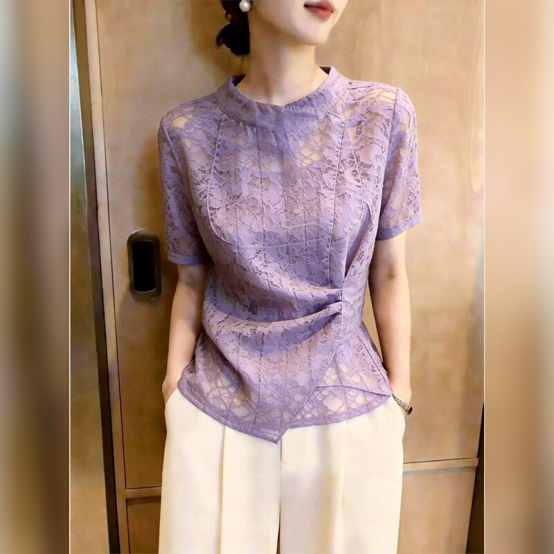 Purple Lace Top for Women, Loose Short-Sleeved, Suitable for Commuting, Age-Reducing, Stunning Blouse, Gentle Style, Comfortable, 2026 Summer New Model