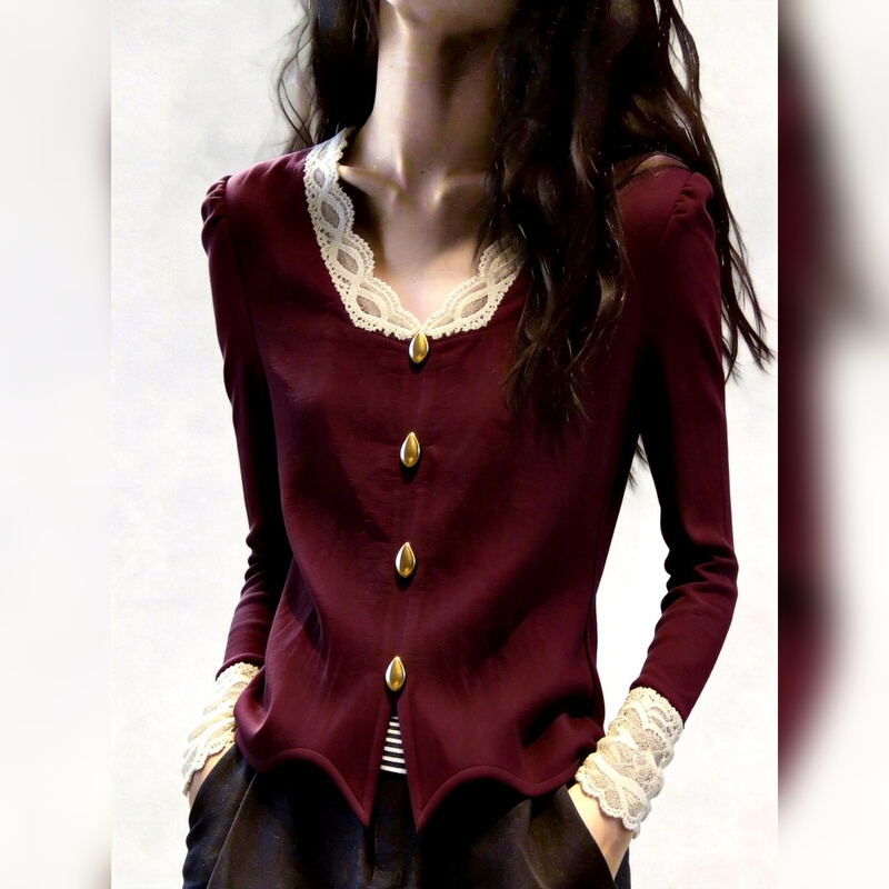 Burgundy Lace Patchwork Long-Sleeved Top for Women, Fashionable and Intellectual, Suitable for Work, New for Autumn 2026