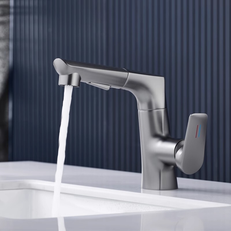 Trendy Washbasin Faucet with Hot and Cold Water, Pull-Out Type for Bathroom, Adjustable Height and Rotating, All-Copper Faucet Trendy Washbasin Faucet with Hot and Cold Water, Pull-Out Type for Bathroom, Adjustable Height and Rotating, All-Copper Faucet