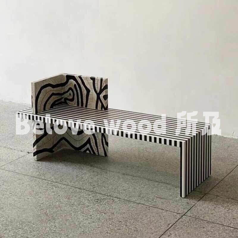 Medieval-Style Striped Art Bench, Wabi-Sabi Style Black and White Striped Living Room Bed End Bench, High-End Designer Shoe-Changing Bench
