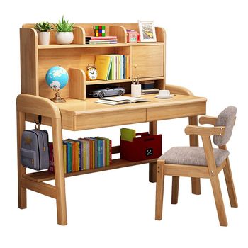 Children's desk bookshelf combination can lift solid wood study table and chair boy's home bedroom student writing desk
