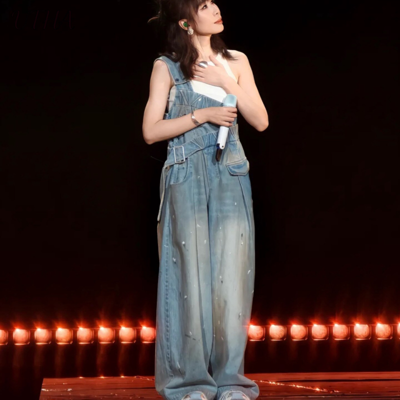 Ren Su Xi Style One-Shoulder Denim Overalls for Women 2026 New Loose Wide-Leg Vintage Washed Graffiti Jumpsuit Ren Su Xi Style One-Shoulder Denim Overalls for Women 2026 New Loose Wide-Leg Vintage Washed Graffiti Jumpsuit