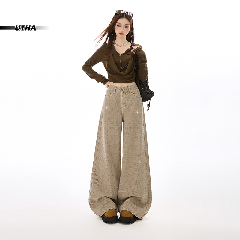 Utha2026 Spring New Super Popular Retro Sparkling Rhinestone Jeans for Women in Milk Tea Color with Wide-Leg Design for Dancing