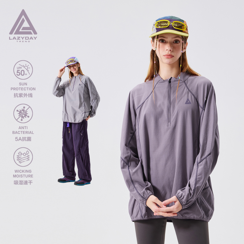 Lazy Day Outdoor 5A Antibacterial Sunscreen Quick-Drying Half-Zip Long-Sleeved T-Shirt Women's Hiking and Hiking Loose Sportswear Lazy Day Outdoor 5A Antibacterial Sunscreen Quick-Drying Half-Zip Long-Sleeved T-Shirt Women's Hiking and Hiking Loose Sportswear