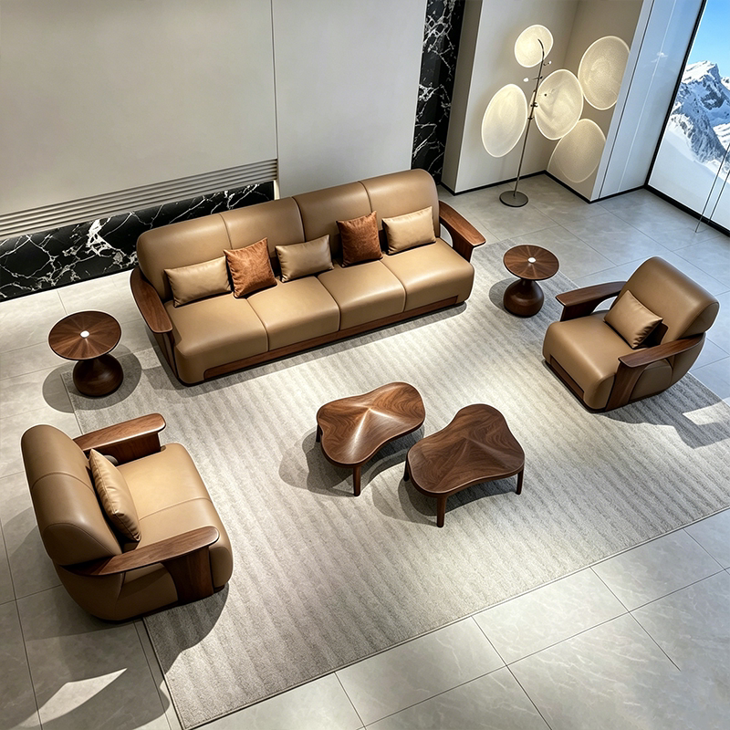 New Chinese-Style Black Walnut Sofa Set, Solid Wood Sofa, Living Room Light Luxury High-End Furniture, Simple Leisure Sofa Chair