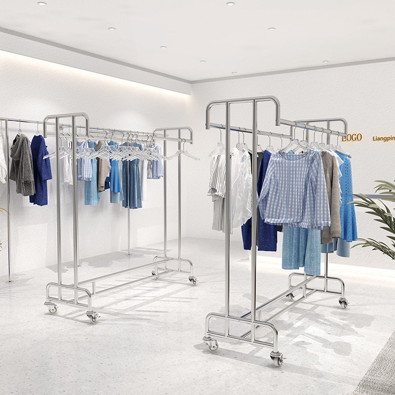 服装店挂衣架落地式不锈钢展示架双杆双杠中岛架男女装陈列架晾衣