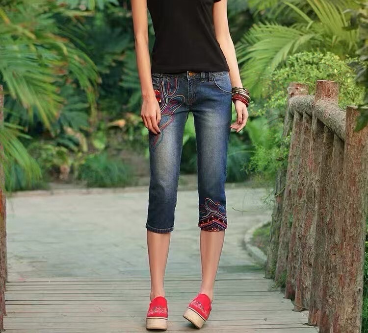 High-Waisted, High-Stretch Soft Denim Jeans with Heavy Embroidery, New Summer Style, Unique and Fashionable Ethnic Style High-Waisted, High-Stretch Soft Denim Jeans with Heavy Embroidery, New Summer Style, Unique and Fashionable Ethnic Style