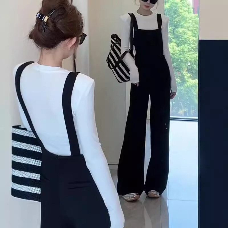 Black Overalls Set for Women, Stylish and Age-Reducing for Autumn, Complete Set for Petite Figures, Slim-Fit Base Shirt and Jumpsuit Black Overalls Set for Women, Stylish and Age-Reducing for Autumn, Complete Set for Petite Figures, Slim-Fit Base Shirt and Jumpsuit