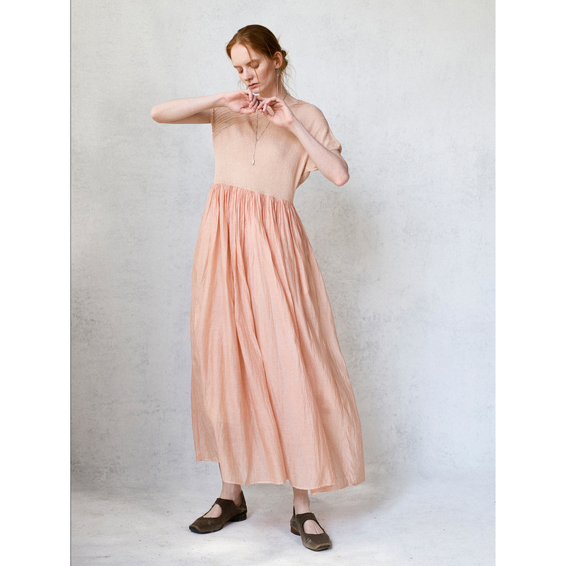Original Women's Clothing by Qi Xiang He Shi: Silk-Cotton Blend Plant-Dyed Dress with Woven Wool and Cut-Out Asymmetrical Long Skirt