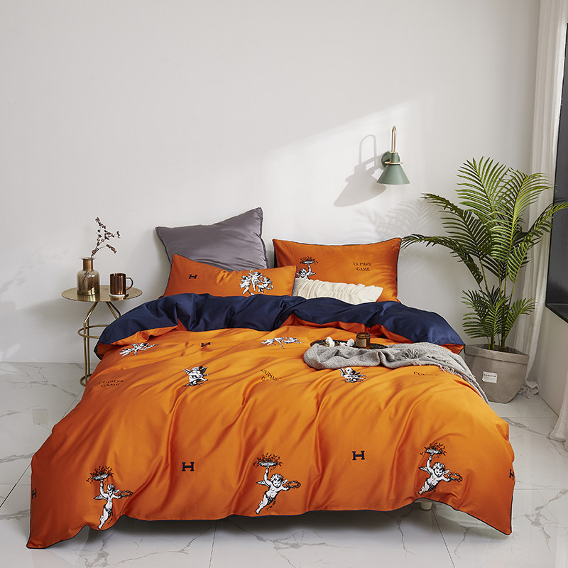 High-grade 60 Egyptian plush cotton satin four-piece set of digital printing yellow trend personality 1 8m bedding