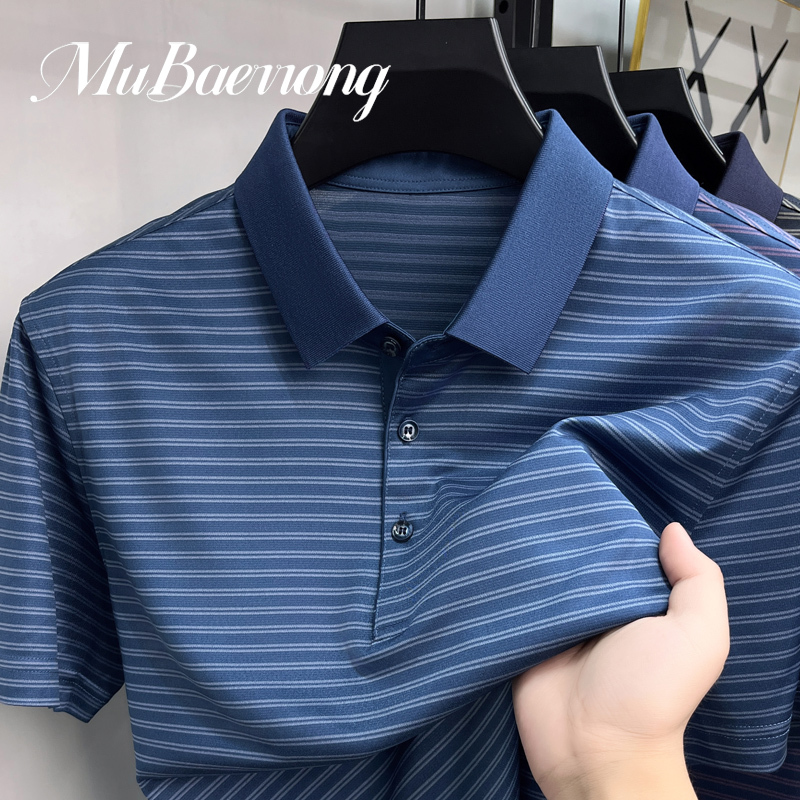 High-End Mulberry Silk Short-Sleeved T-Shirt for Men, Collared Top for Middle-Aged Dads, Summer Thin Ice Silk Polo Shirt with Stripes